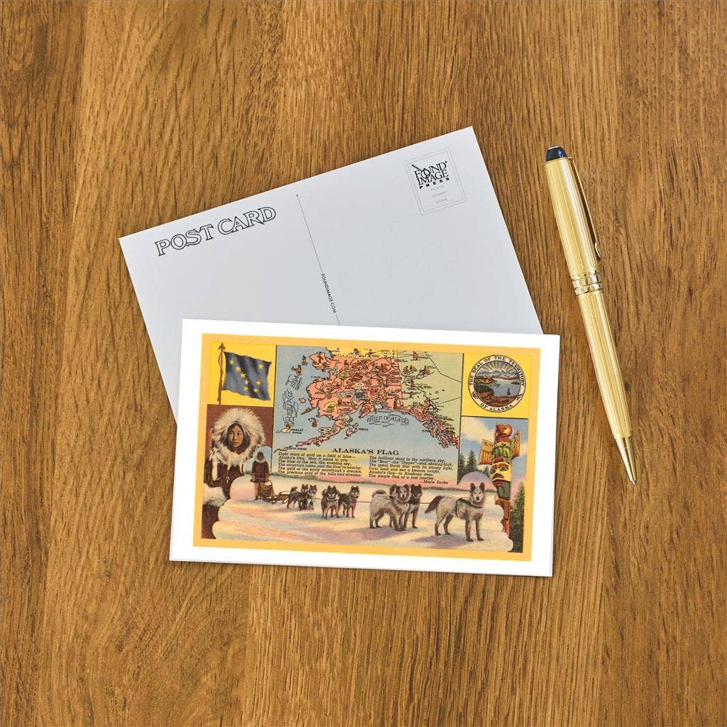 Alaska Map with Sled Dogs Postcard