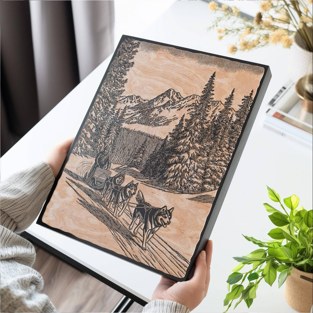 Dog Sledding Engraved Birch Wood Panel