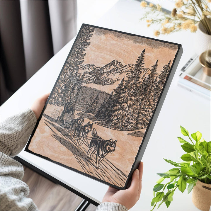 Dog Sledding Engraved Birch Wood Panel
