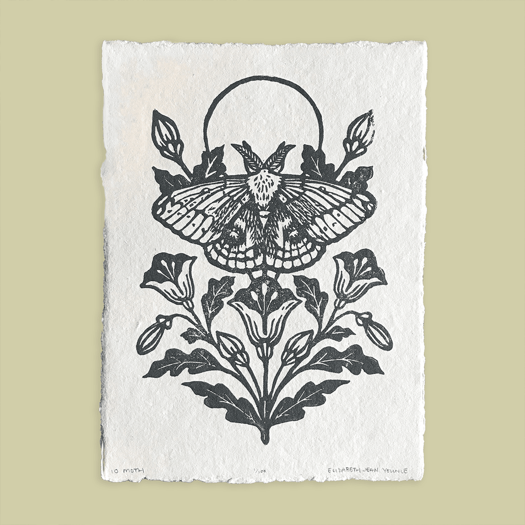 IO Moth & Poppies Handprinted on Handmade Paper - BUNKHAUS