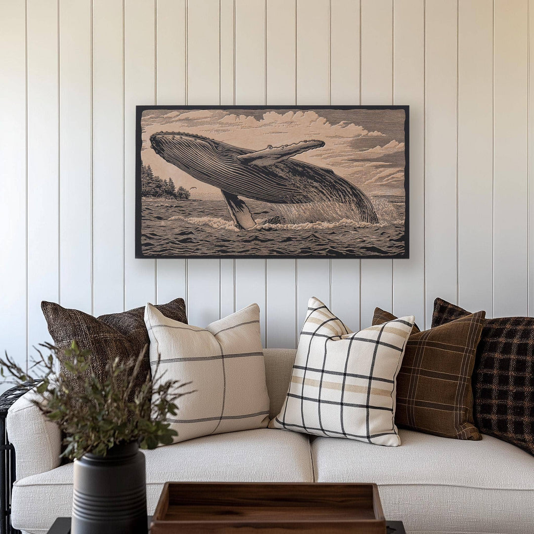 Humpback Whale Engraved Birch Wood Panel