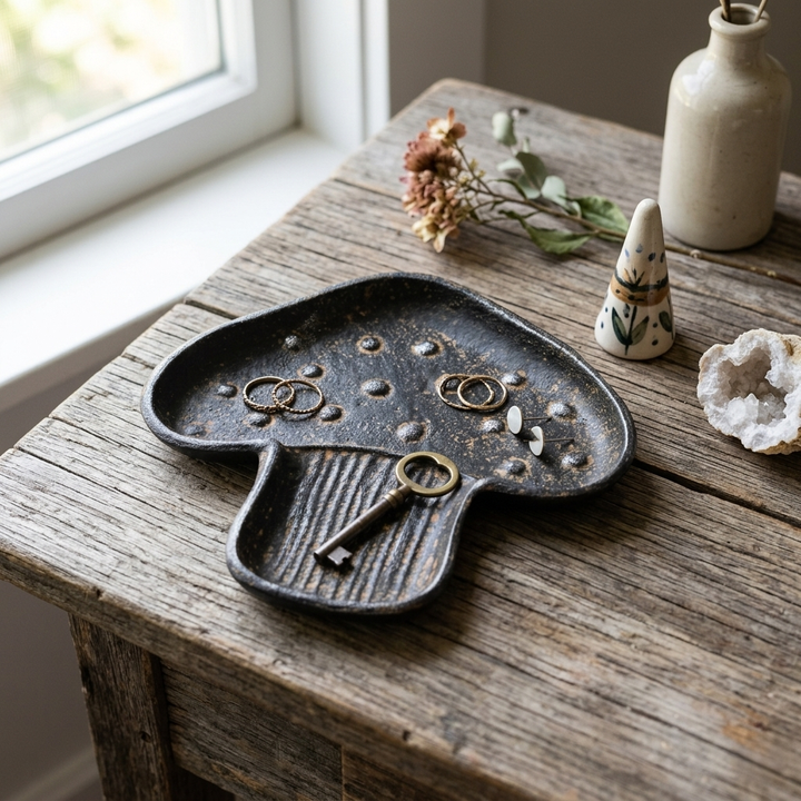 Cast Iron Mushroom Trinket Dish — Black Matte