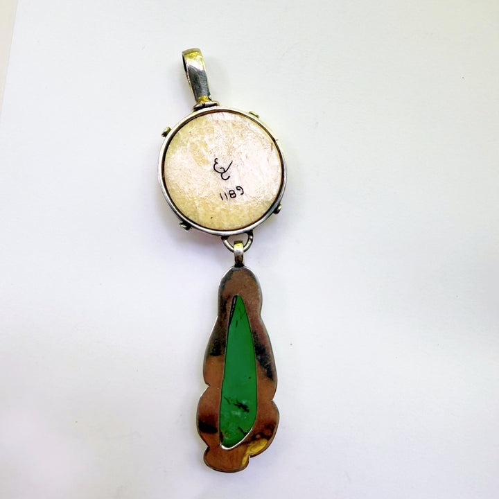 Fossil Ivory and Chrysoprase Feather Pendant #1189