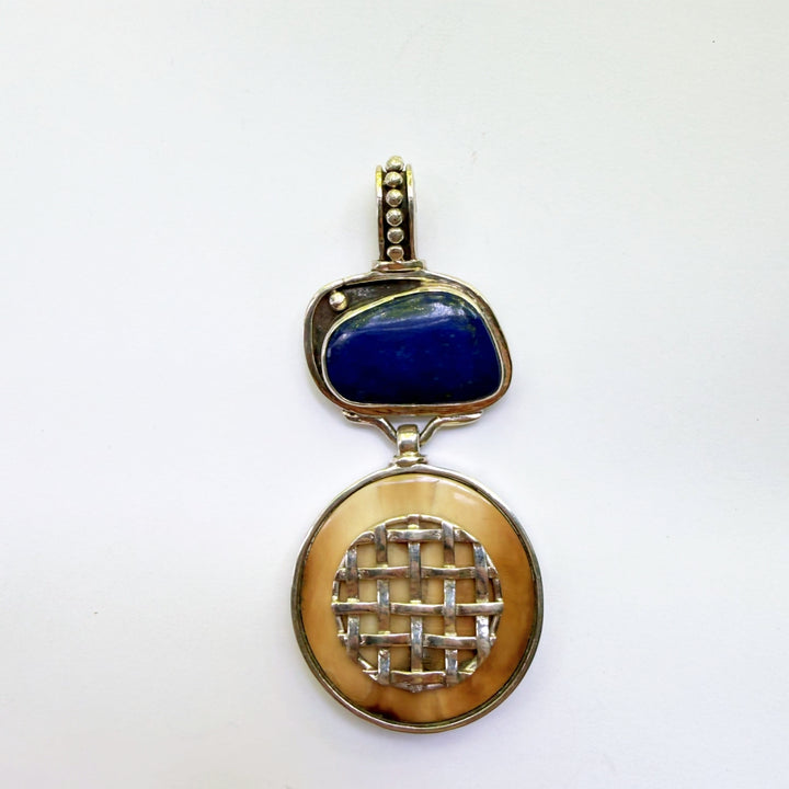 Lapis and Fossil Ivory Drop Pendant #1374