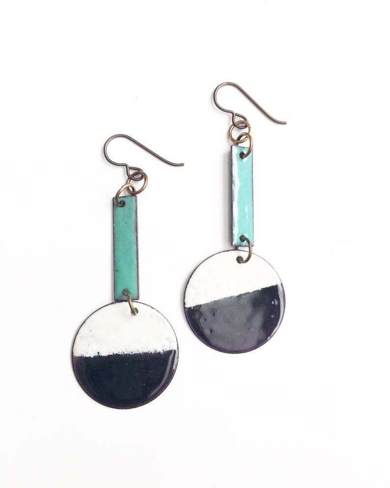 Aqua Black and White Enamel Earrings Courtney Fischer Jewelry