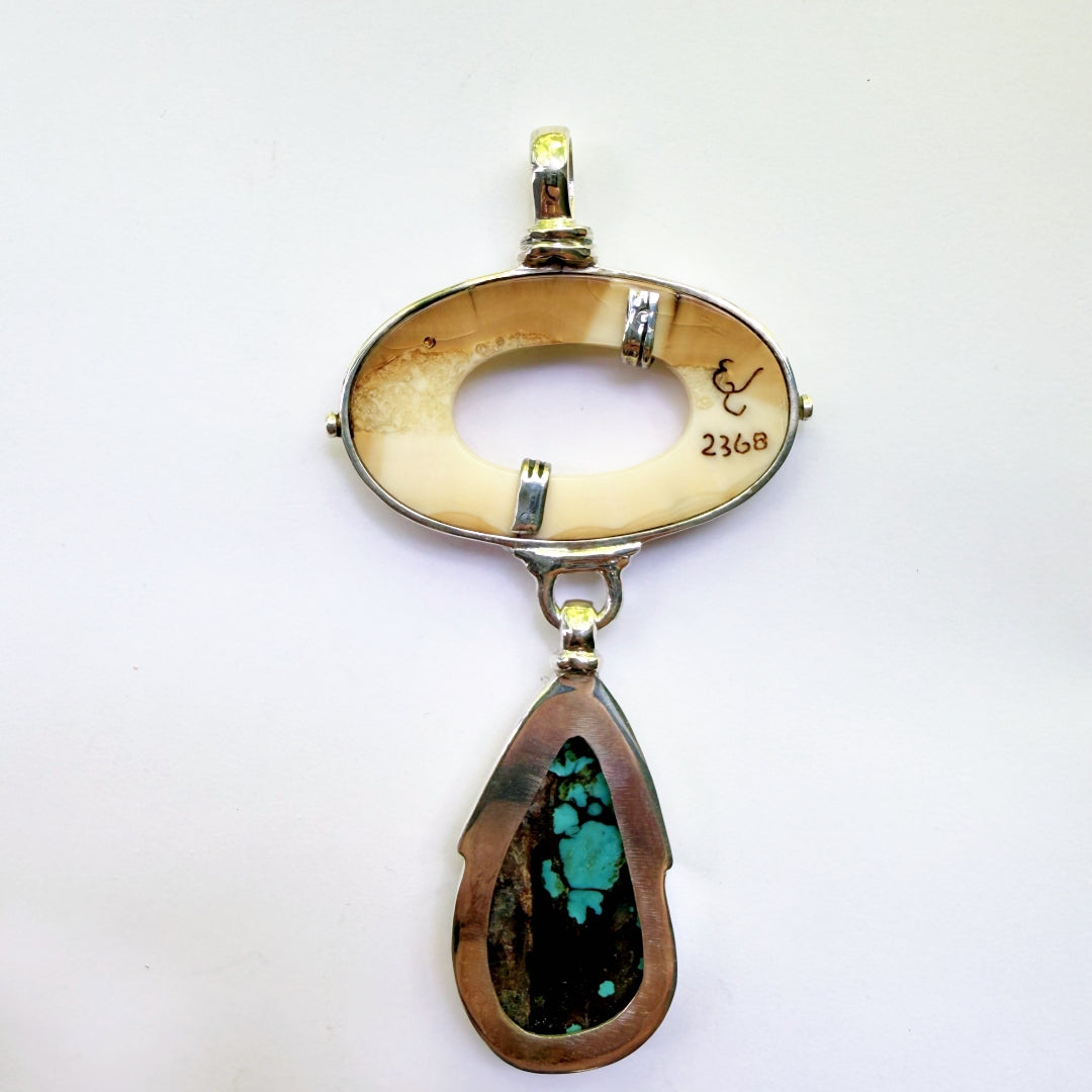 Fossil Ivory Oval and Turquoise Drop Pendant #2368