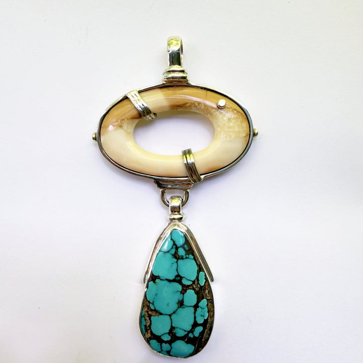 Fossil Ivory Oval and Turquoise Drop Pendant #2368