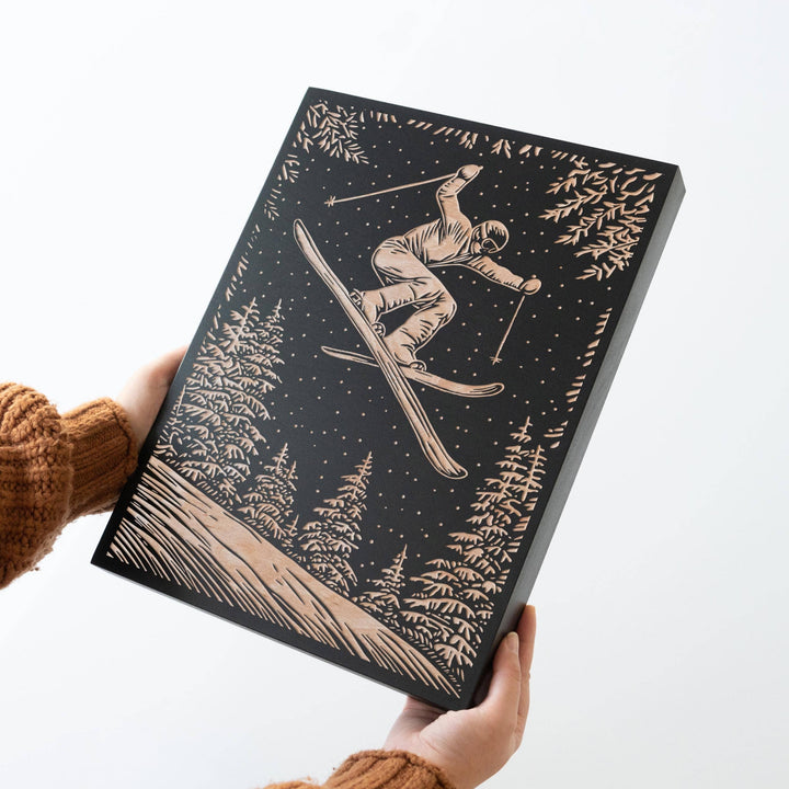 Skier Engraved Birch Wood Panel