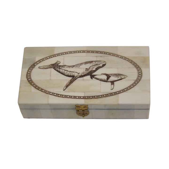 6-1/4" Whale and Calf Scrimshaw Engraved Bone Box