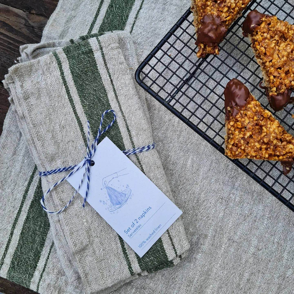 Green Stripe Vintage Linen Napkins - Set of 2 - BUNKHAUS