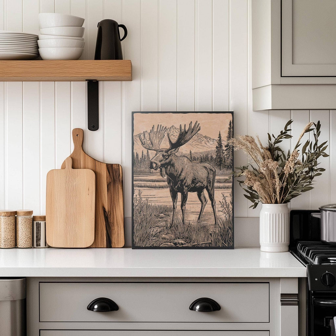 Moose in a Bog Engraved Birch Wood Panel