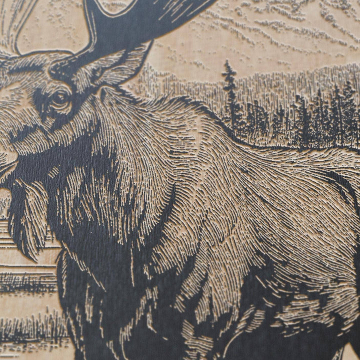 Moose in a Bog Engraved Birch Wood Panel
