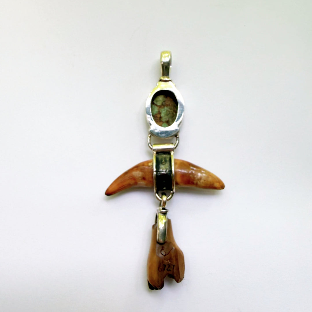 Double Tusk and Green Turquoise Pendant #6727