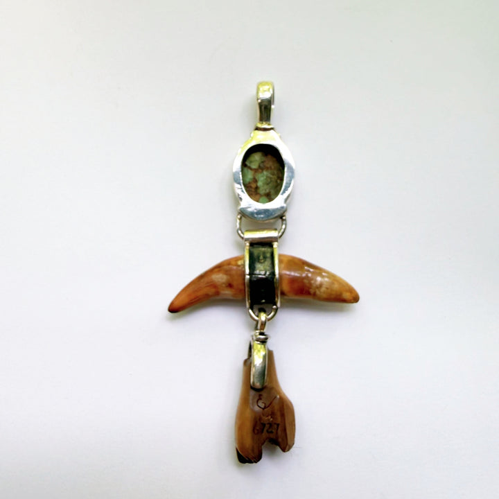 Double Tusk and Green Turquoise Pendant #6727