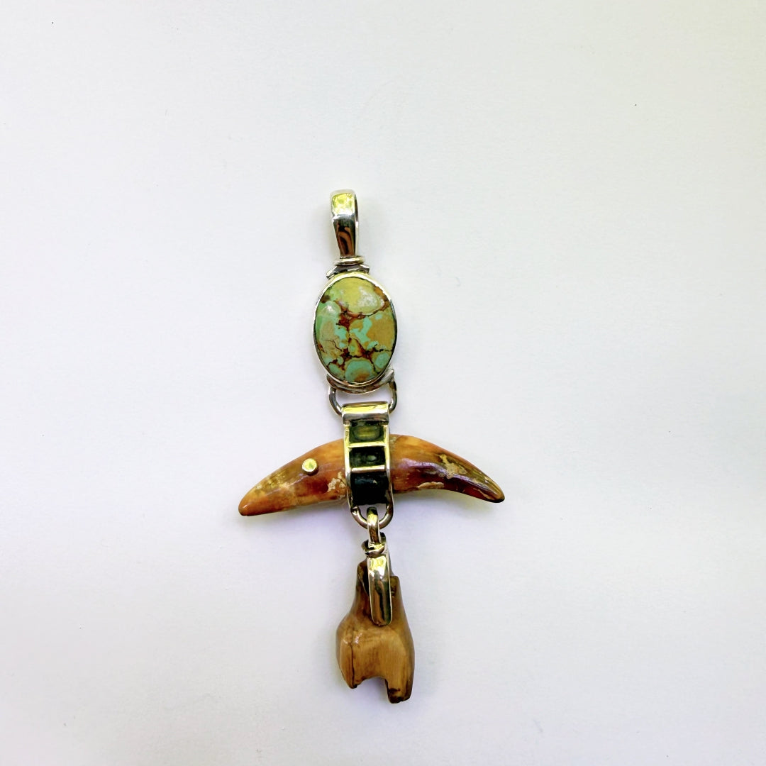 Double Tusk and Green Turquoise Pendant #6727