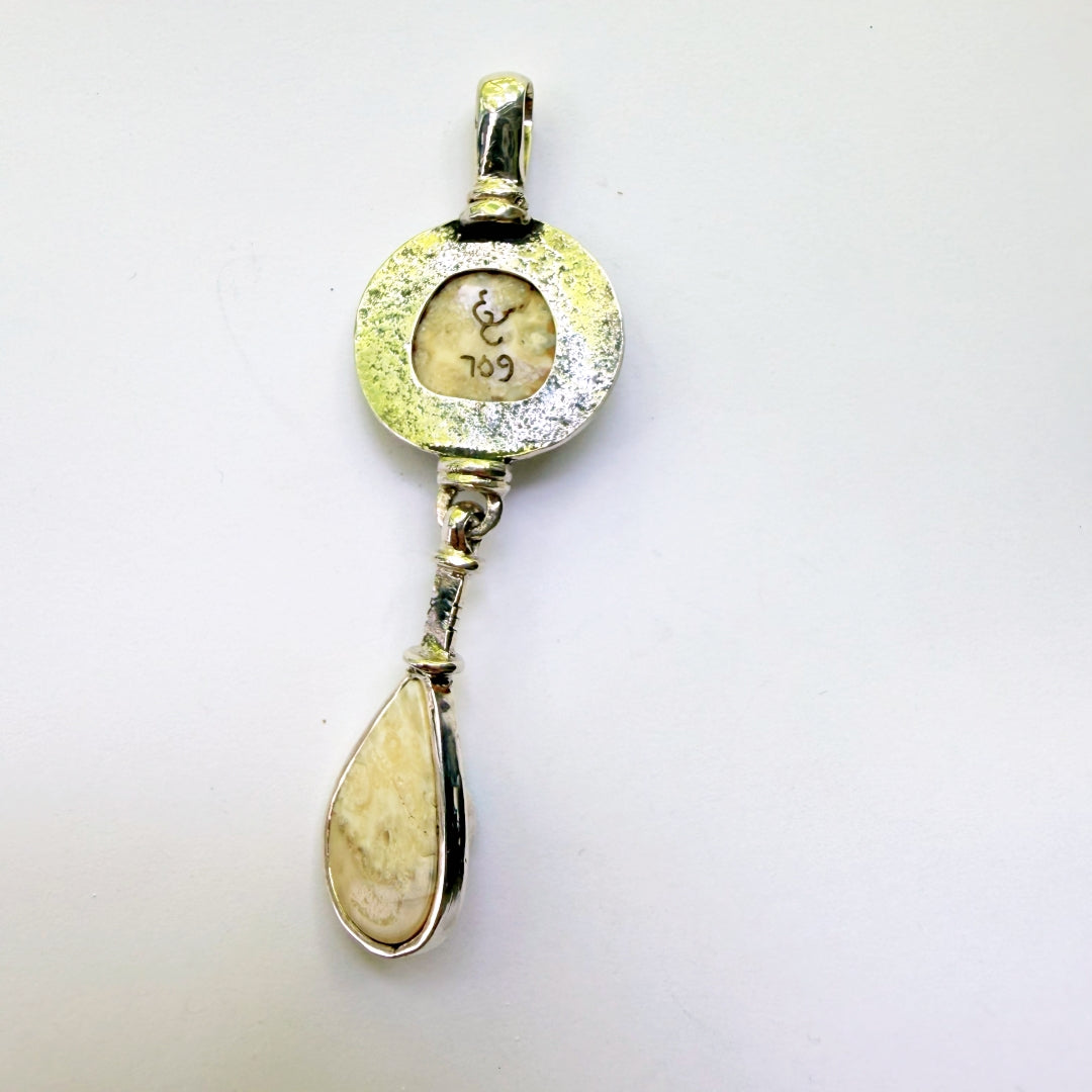 Moss Agate and Fossil Ivory Drop Pendant #709