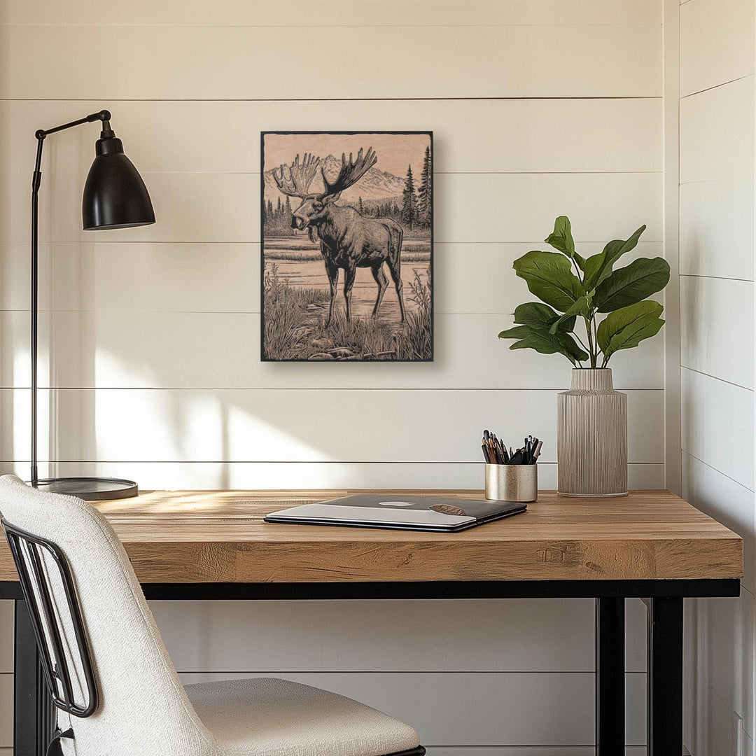Moose in a Bog Engraved Birch Wood Panel