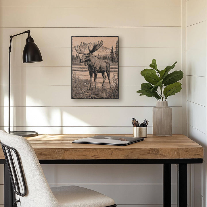 Moose in a Bog Engraved Birch Wood Panel