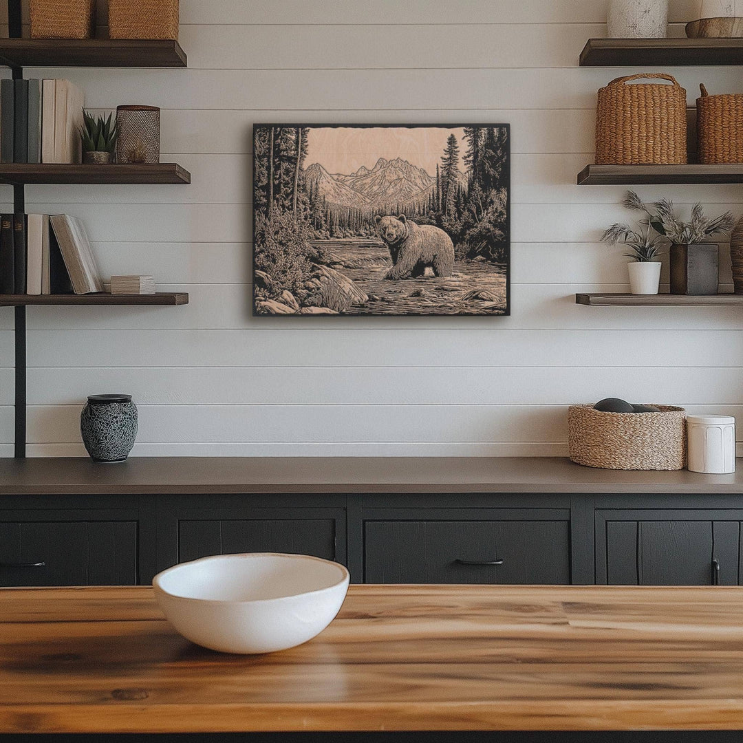 Brown Bear Engraved Birch Wood Panel