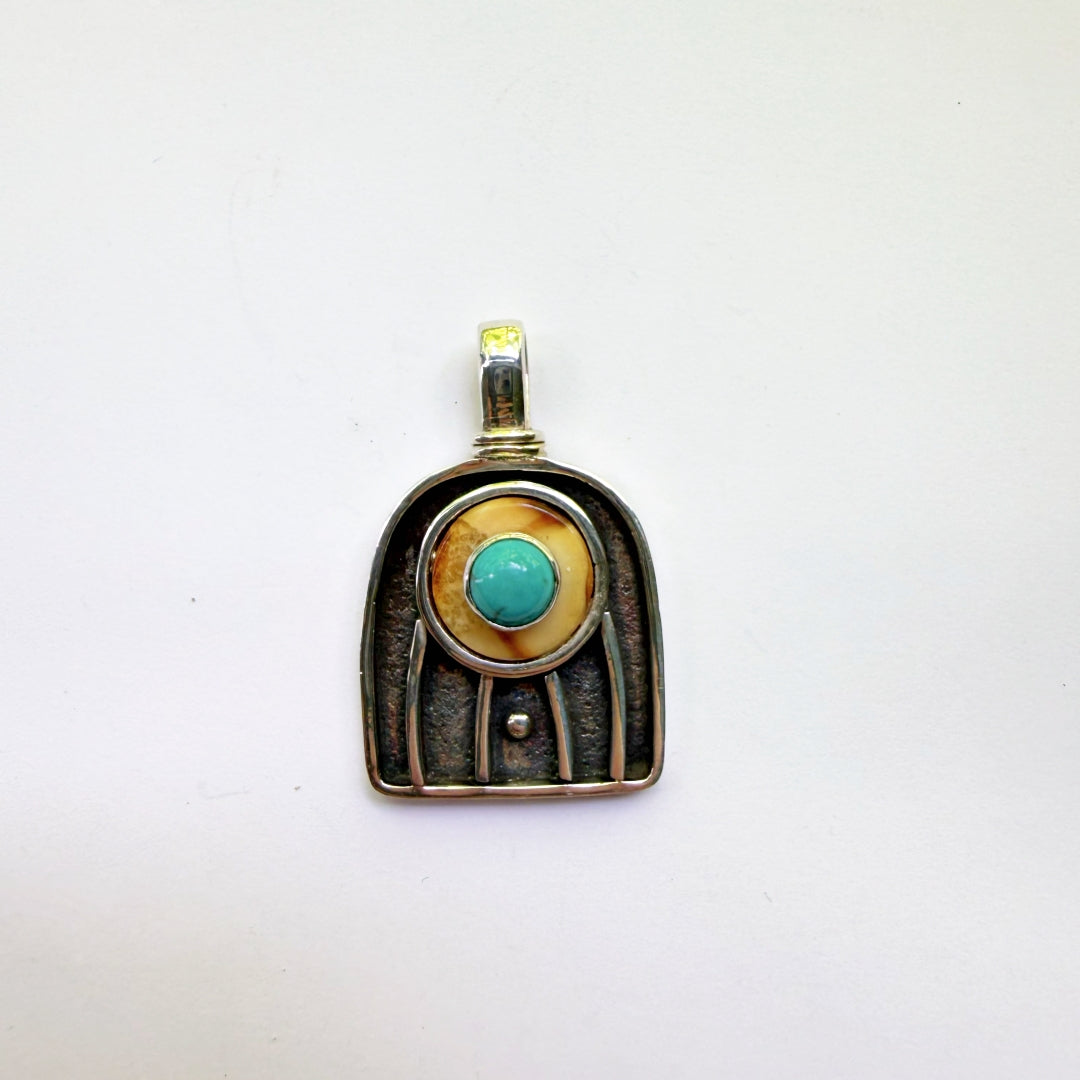 Arched Fossil Ivory and Turquoise Pendant #783