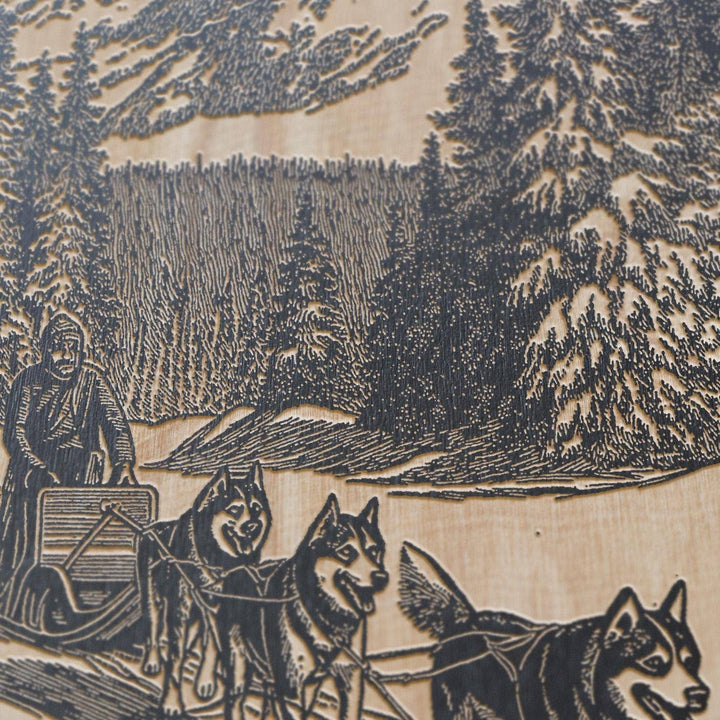 Dog Sledding Engraved Birch Wood Panel