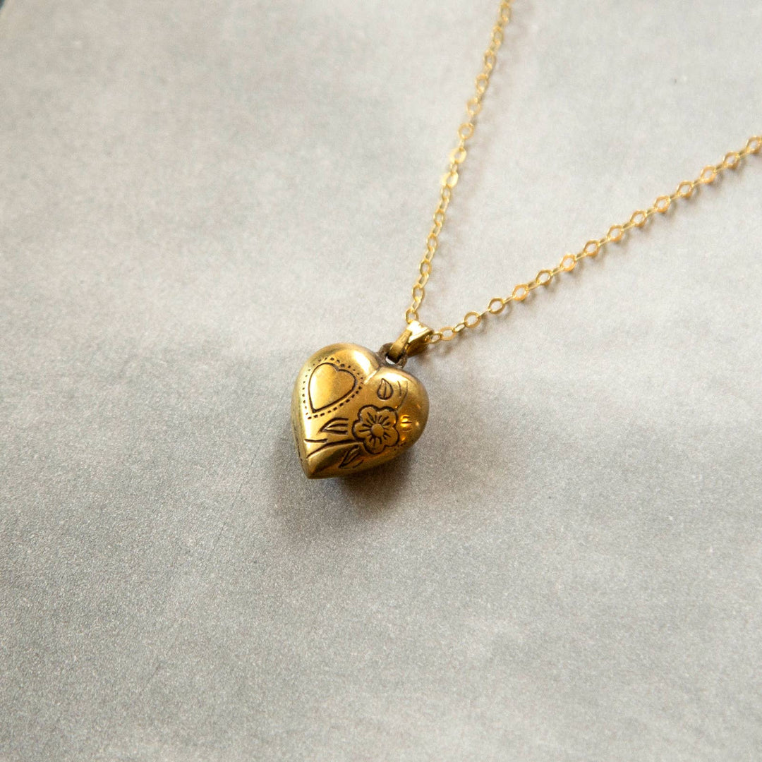 Vintage Brass Puff Heart Necklace