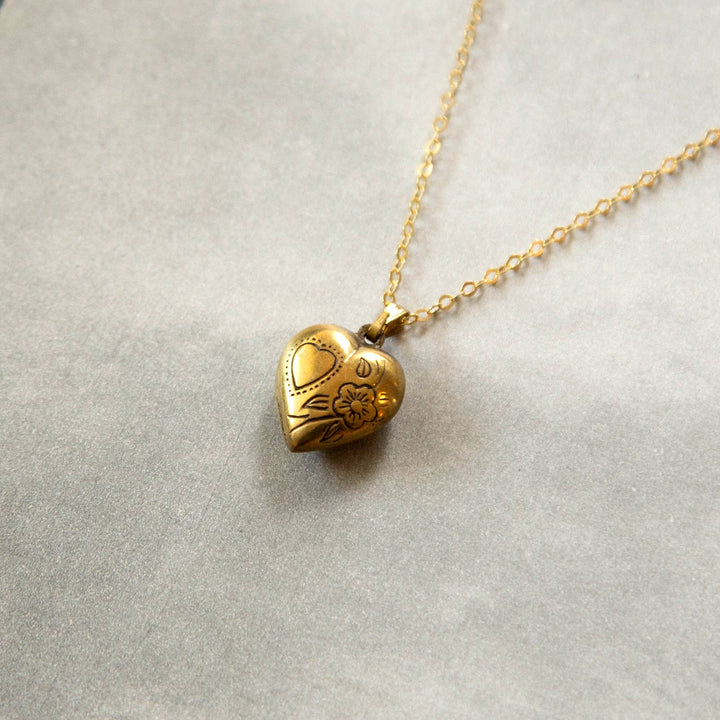 Vintage Brass Puff Heart Necklace