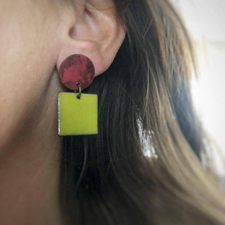 Heat Patina and Chartreuse Square Earrings Courtney Fischer Jewelry