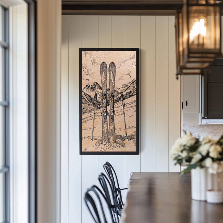 Vintage Skis Engraved Birch Wood Panel