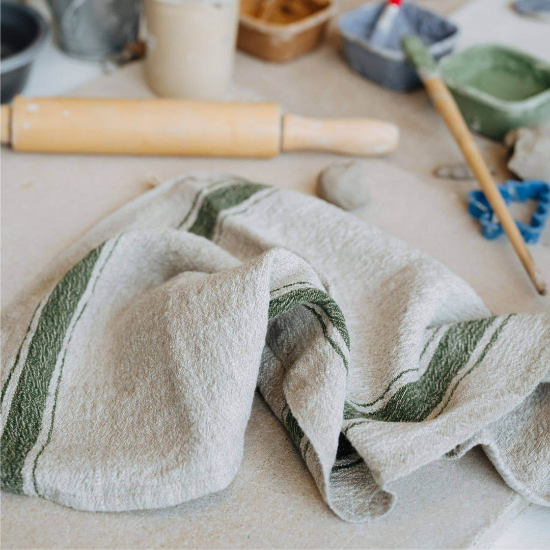Linen Kitchen Towel - Vintage Green Stripe - BUNKHAUS