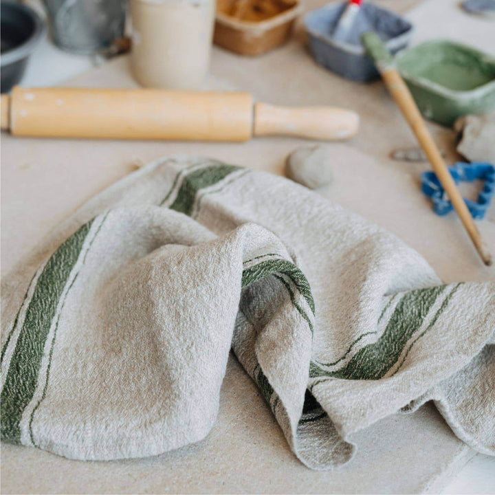 Linen Kitchen Towel - Vintage Green Stripe - BUNKHAUS