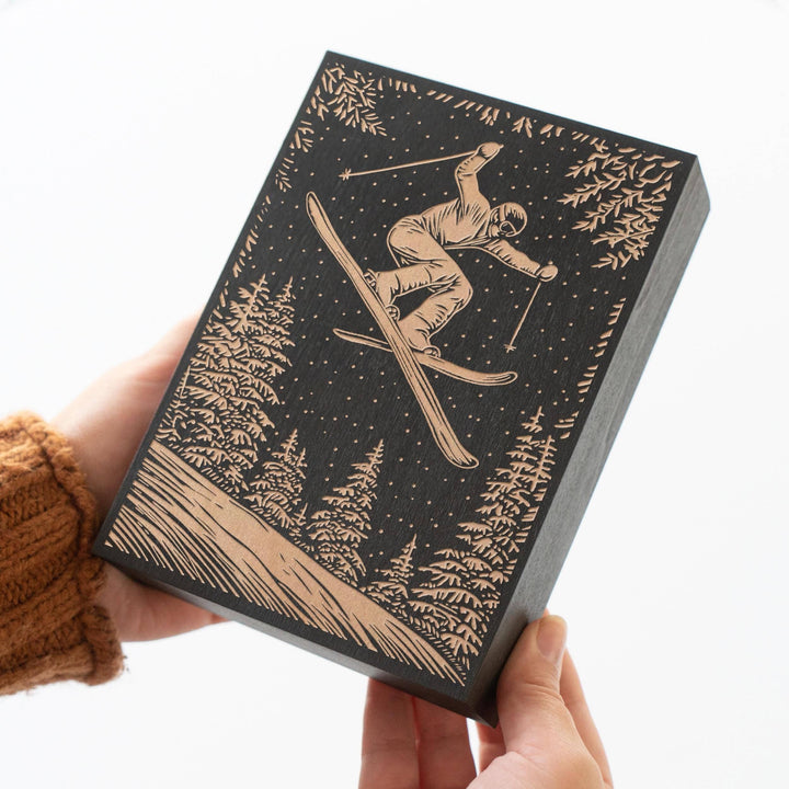 Skier Engraved Birch Wood Panel