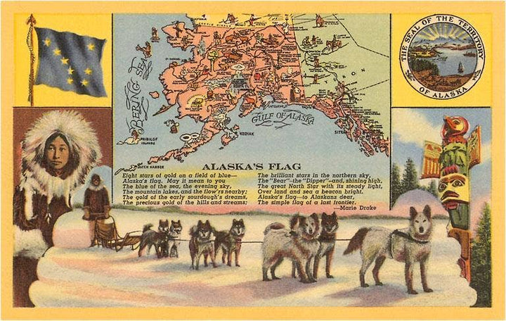 Alaska Map with Sled Dogs Postcard
