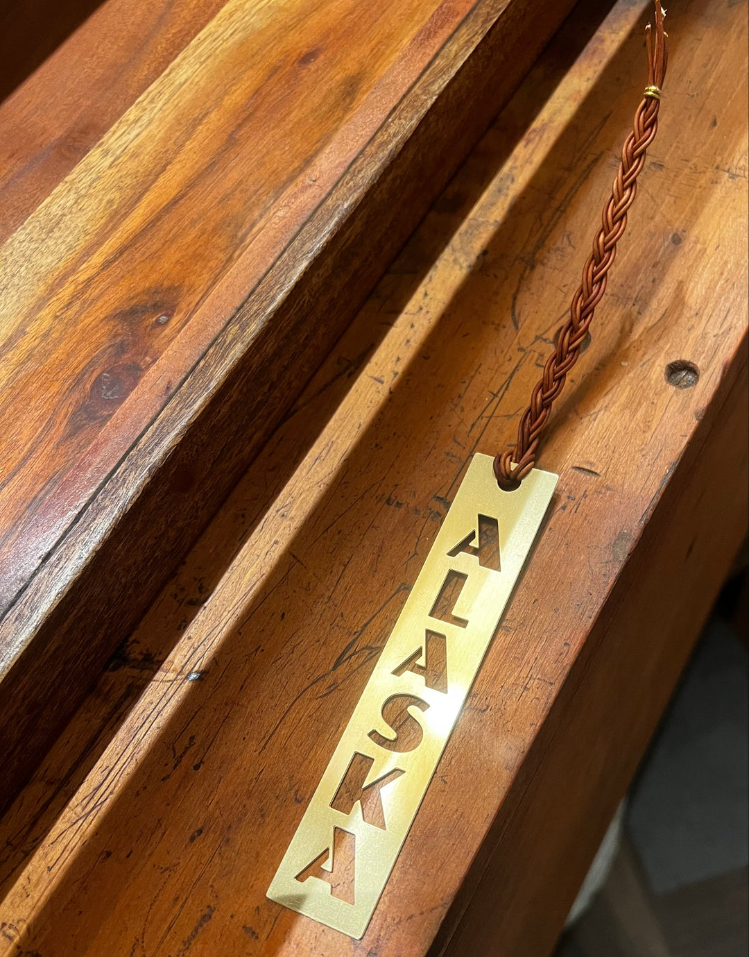 Brushed Brass Bookmark with Leather Tassel