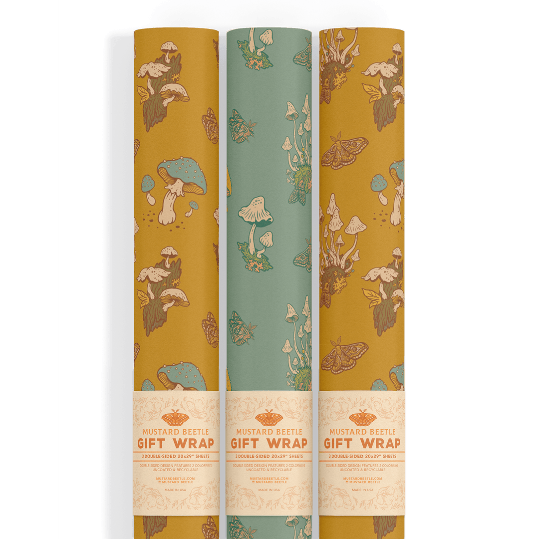 Recyclable Gift Wrap - Mushrooms Mustard - BUNKHAUS