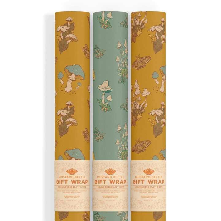 Recyclable Gift Wrap - Mushrooms Mustard - BUNKHAUS