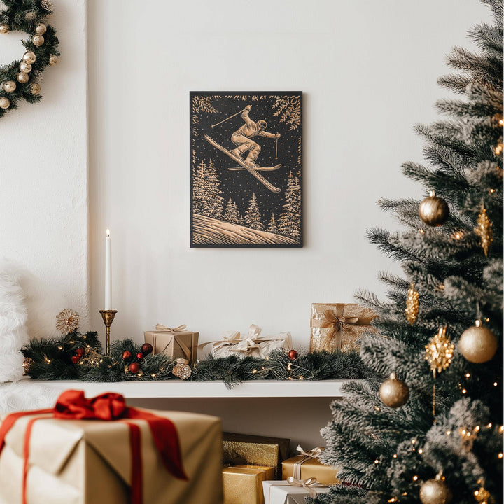 Skier Engraved Birch Wood Panel