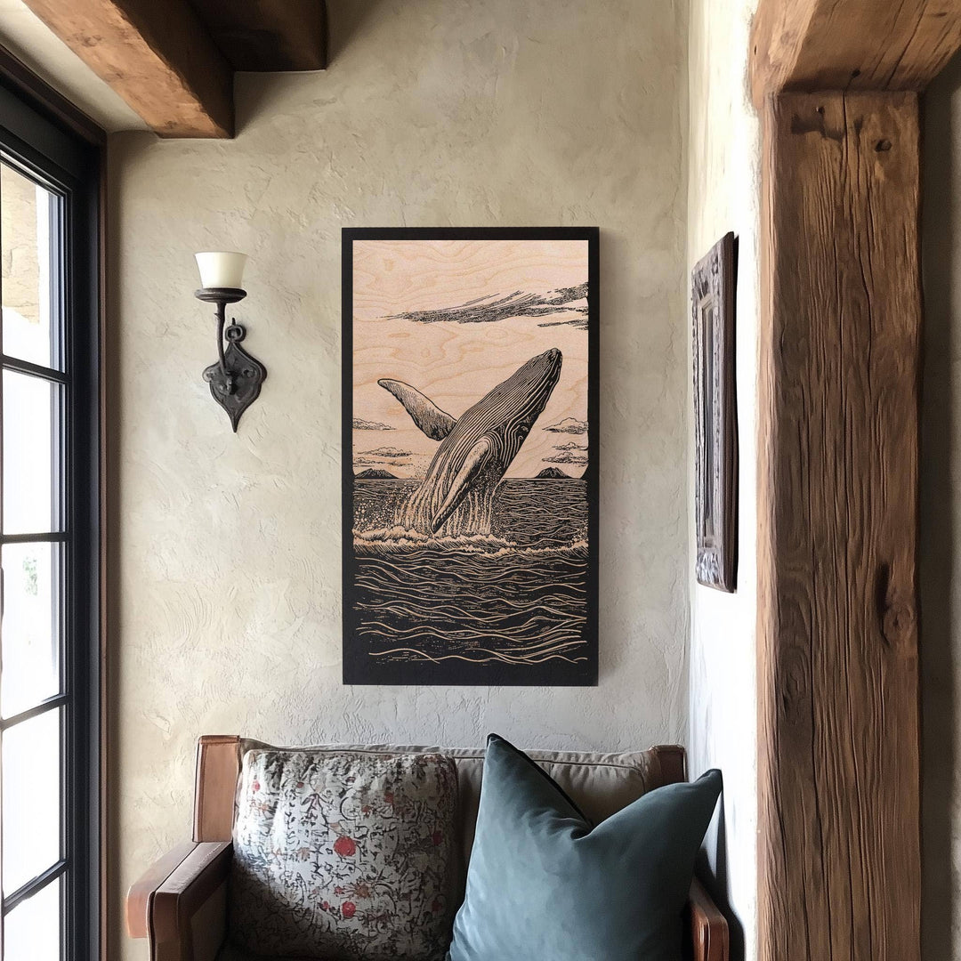 Breaching Whale Engraved Birch Wood Panel
