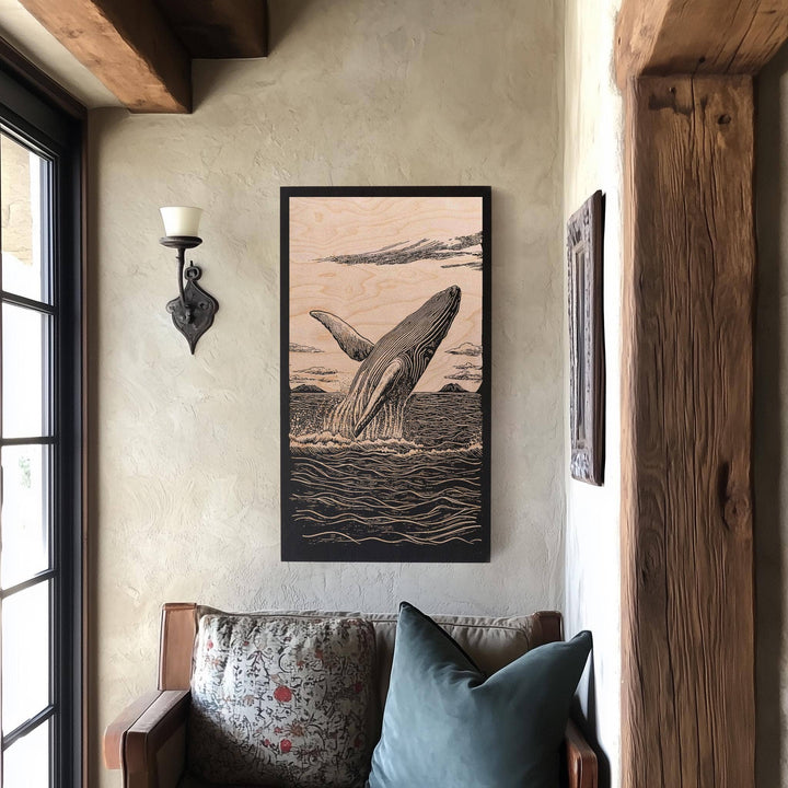 Breaching Whale Engraved Birch Wood Panel
