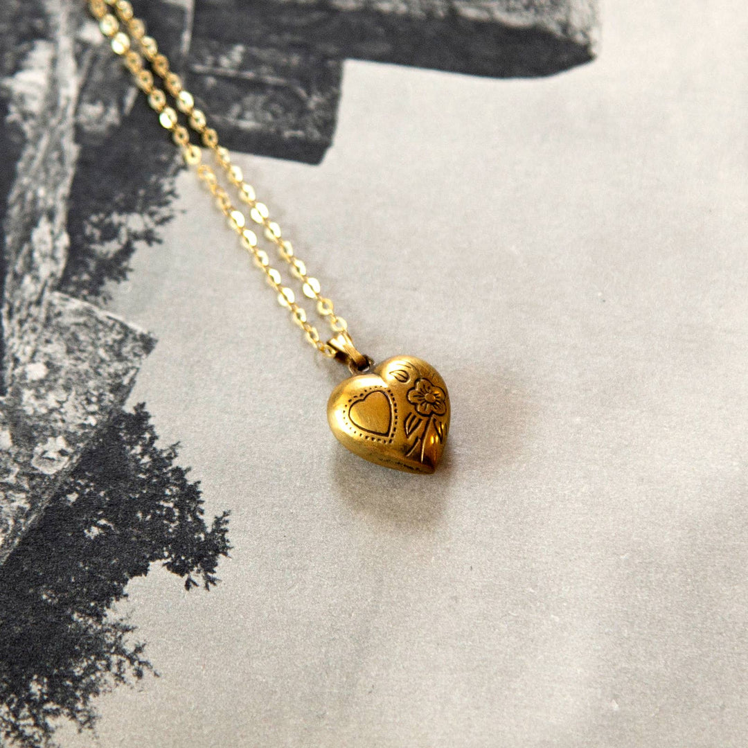 Vintage Brass Puff Heart Necklace