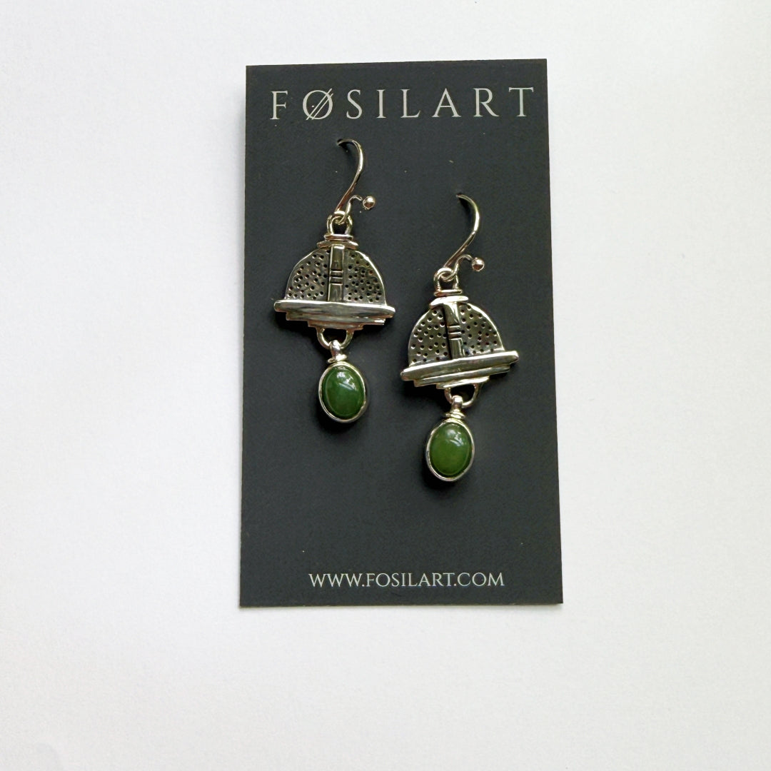Stippled Silver and Jade Drop Earrings #2607