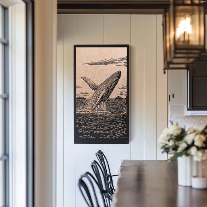 Breaching Whale Engraved Birch Wood Panel