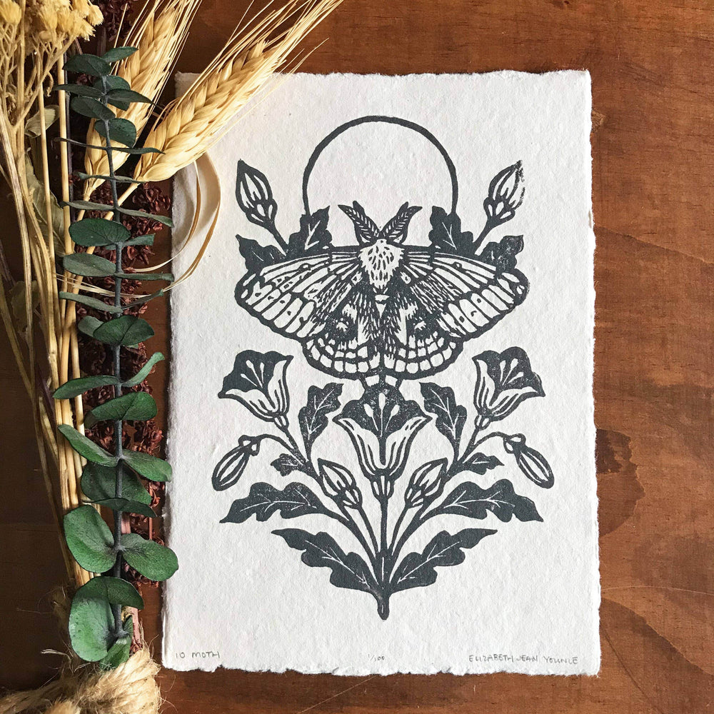 IO Moth & Poppies Handprinted on Handmade Paper - BUNKHAUS
