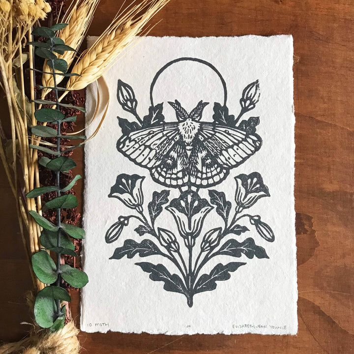 IO Moth & Poppies Handprinted on Handmade Paper - BUNKHAUS