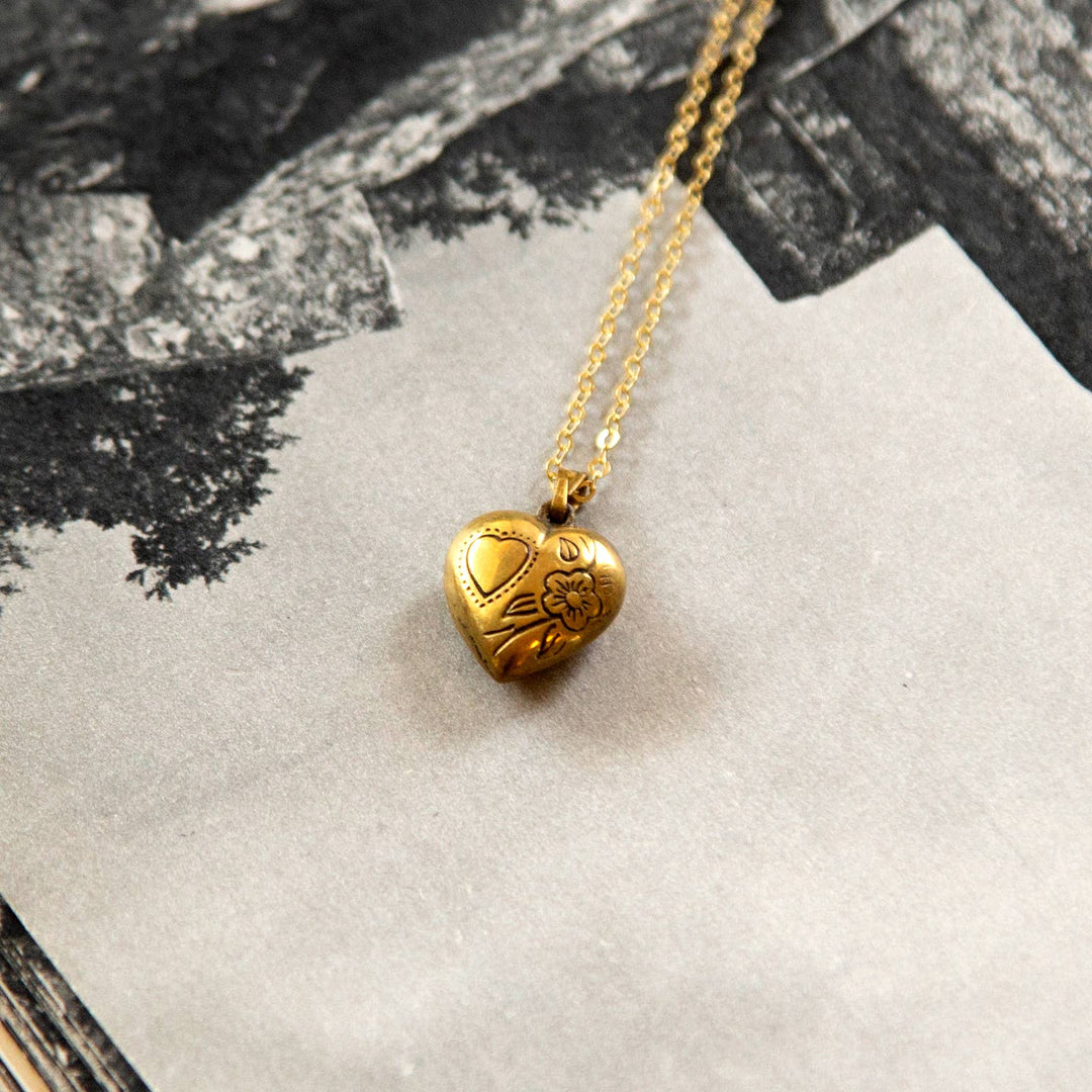 Vintage Brass Puff Heart Necklace
