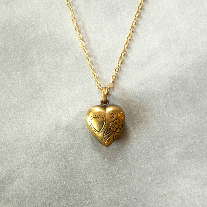 Vintage Brass Puff Heart Necklace