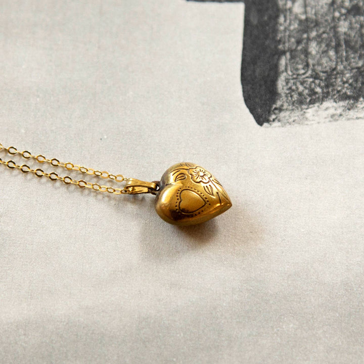 Vintage Brass Puff Heart Necklace