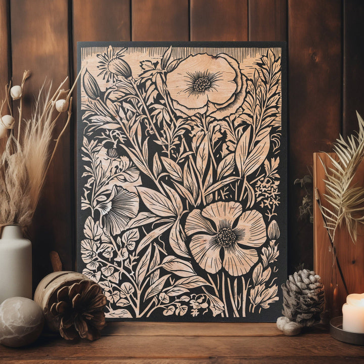 Wildflowers Engraved Birch Wood Panel