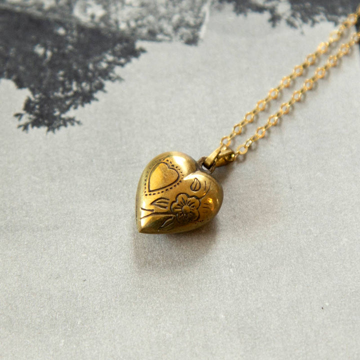 Vintage Brass Puff Heart Necklace