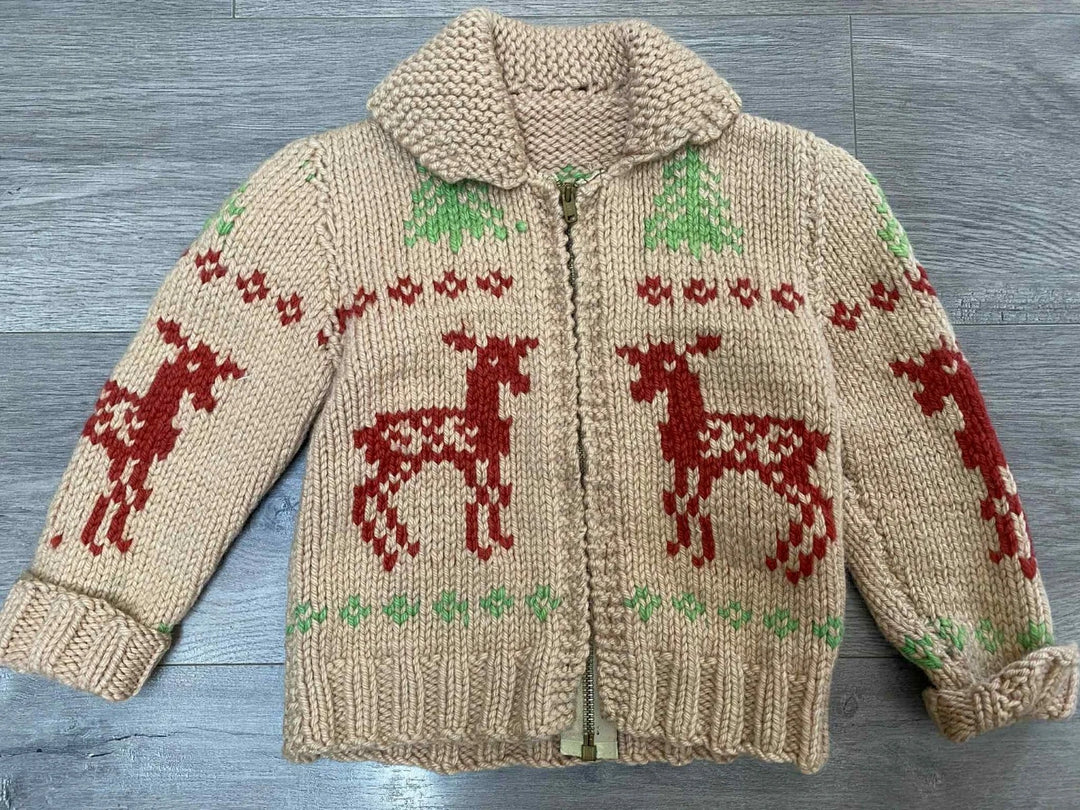 Vintage Cowichan-Inspired Wool Cardigan — Red Deer, Children's Size